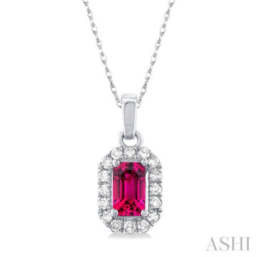 5x3 MM Octagonal Shape Pink Tourmaline and 1/20 Ctw Single Cut Diamond Halo Semi-Precious Pendant with Chain in 14K White Gold